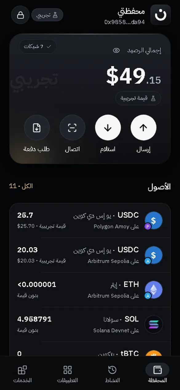 الشاشة الرئيسية في النسخة التجريبية من محفظة نقد، وعليها «تجريبي» و«قيمة تجريبية».